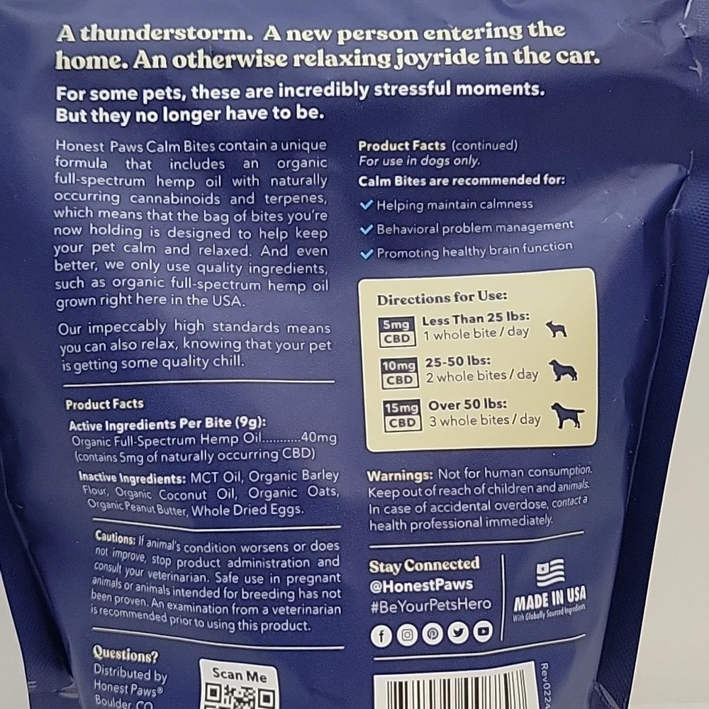 5 Bags of Honest Paws Calm 5mg Bites Dog Treats 9.5oz Peanut Butter Flavor